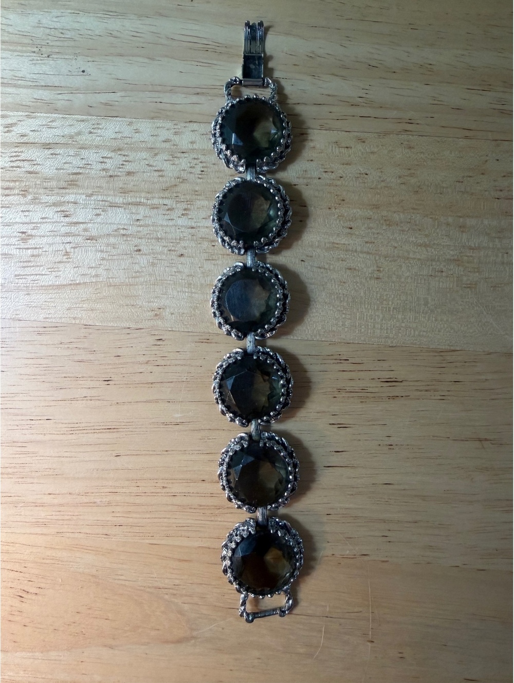 Vintage Style Silver Tone Bracelet with Faceted Smoky Glass Stones